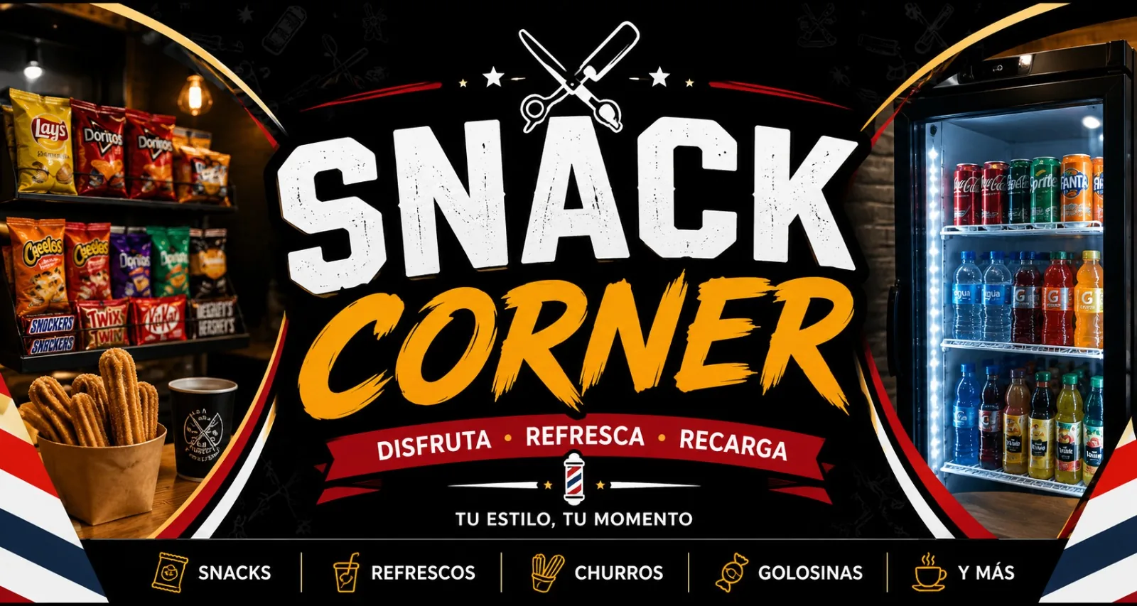 Snack Corner - Disfruta, Refresca, Recarga. Snacks, refrescos, churros, golosinas y más en Gent's Heaven Barber Shop